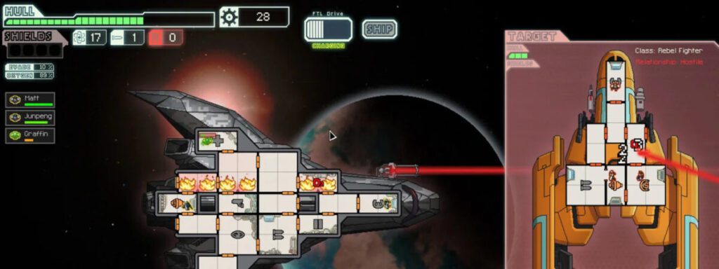 FTL game screenshot of spaceships fighting